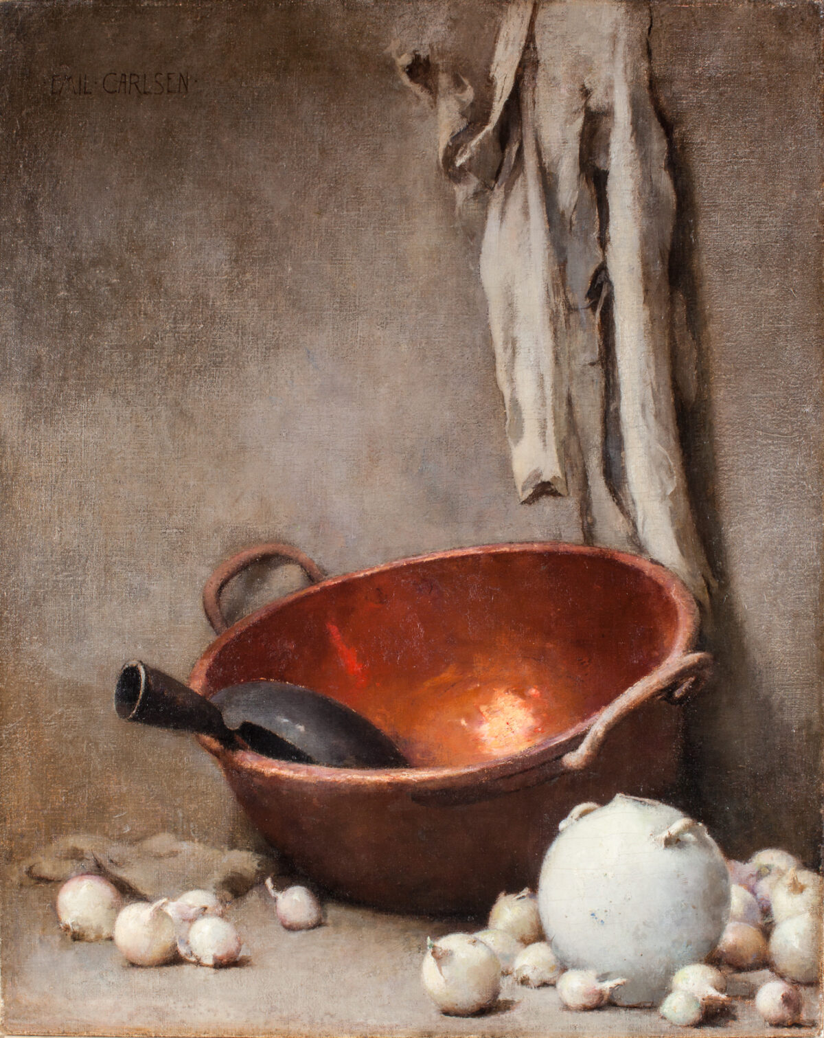 Soren Emil Carlsen (American, 1853 – 1932), Copper Bowl, White Vase, Cloth and Onions, c. 1890, oil on canvas, Gift of Thomas H. and Diane DeMell Jacobsen, AG.2016.2.1.