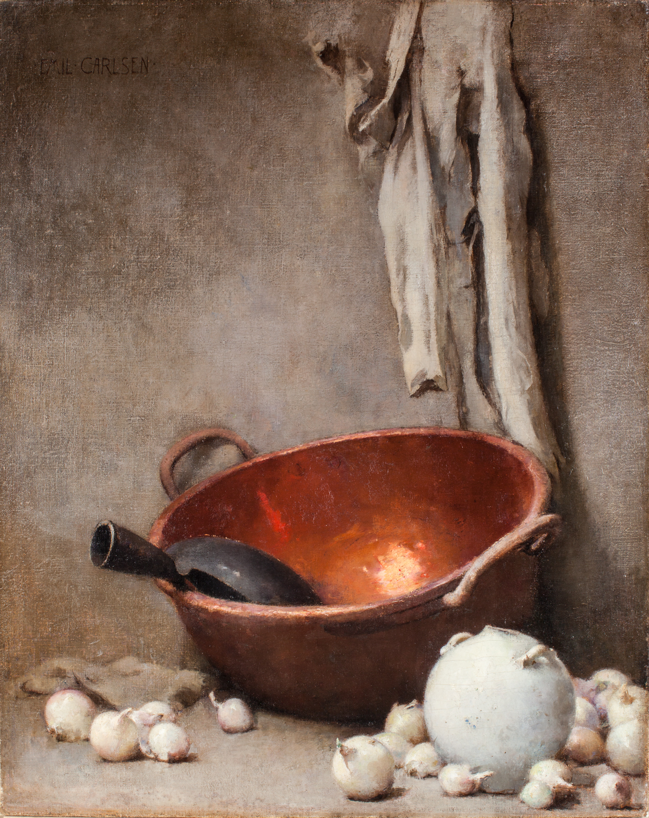 Soren Emil Carlsen (American, 1853 – 1932), Copper Bowl, White Vase, Cloth and Onions, c. 1890, oil on canvas, Gift of Thomas H. and Diane DeMell Jacobsen, AG.2016.2.1.