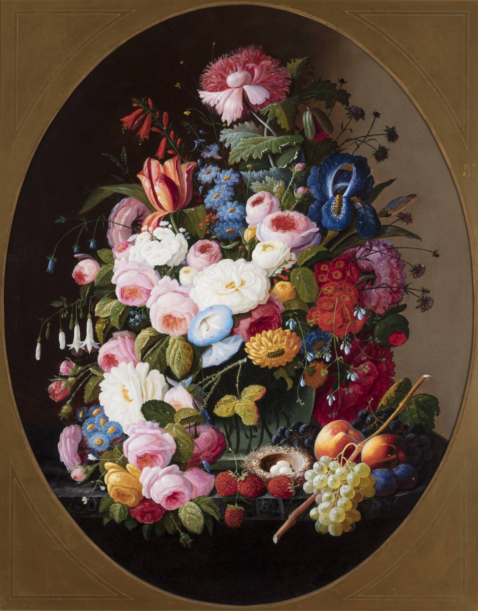 Severin Roesen (German American, c. 1815 – 1872), Still Life with Flowers, Fruit and Bird’s Nest, c. 1865, oil on canvas, 51 x 44 1/2 x 8 1/8 in., Gift of Diane DeMell Jacobsen, Ph.D. in loving memory of her husband Thomas H. Jacobsen, AG.2003.2.1.